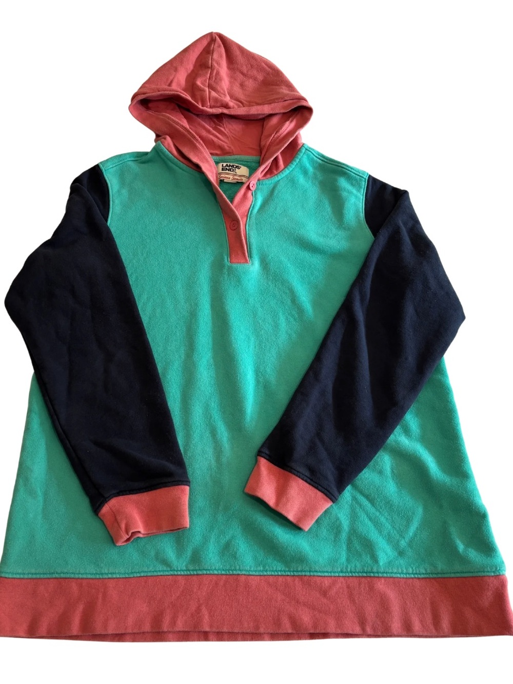 Retro 90s Style Lands' End Colorblock Zip-Up Hoodie - Teal, Coral & Navy